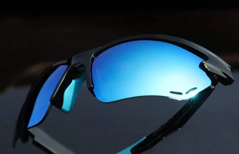 Black with Blue Mirror Half Rim Wrap-Around Sunglasses #T02162116